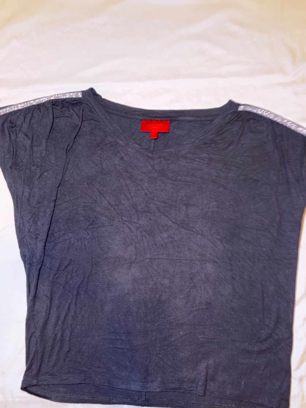 Jennifer Lopez Black Short Sleeve Tee with Bedazzled Shoulder Trim